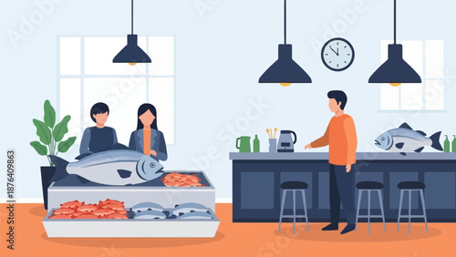A fish market scene depicts vendors and customers amidst displays of fresh seafood