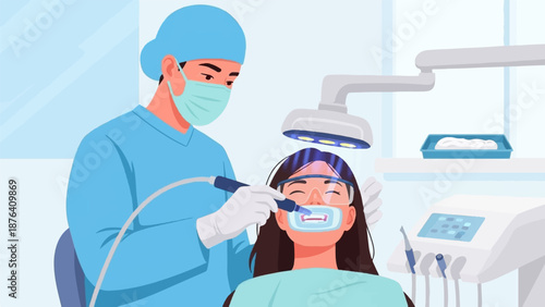 A dentist performs a dental procedure on a patient with a bright overhead light illuminating the area
