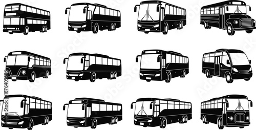 Bus silhouette icon set, public transport vehicle types, black vector illustration, editable design, isolated transit symbol collection