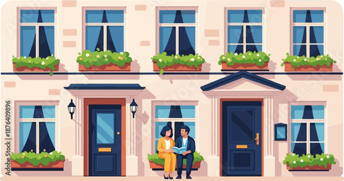 A couple sits on a bench outside a building, reading a book together