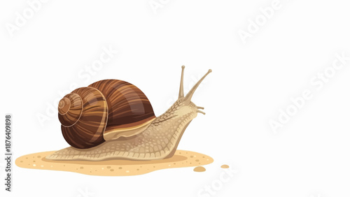 A detailed illustration of a single garden snail with a brown swirled shell, moving across sand