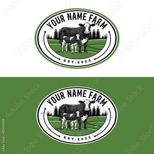 Cattle farm logo vector template. Cow cheese milk dairy label. Vintage farm logo design