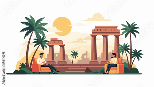 A man and woman relax in armchairs amidst ancient ruins and palm trees under a bright sun