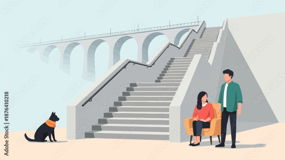 Obraz premium A man and woman sit and stand near a dog by a grand staircase and arched bridge