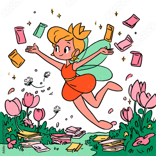 Whimsical Fairy Tossing Gold Coins Among Flowers