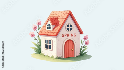 A charming, watercolor-style house adorned with blooming pink flowers and the word "SPRING" on its facade