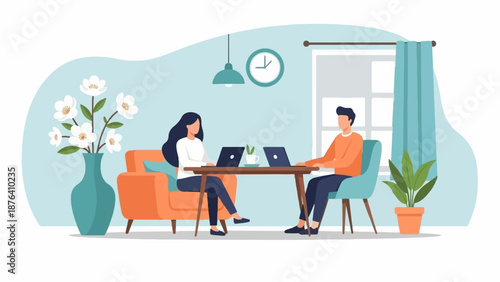 A man and woman sit at a table, working on laptops in a cozy room