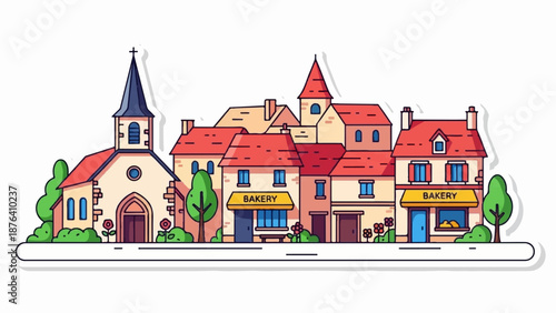 A charming village street scene with a church, bakery, and houses under red roofs