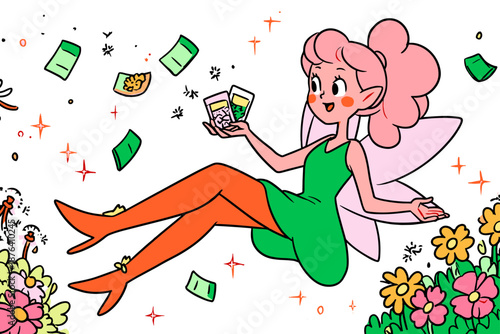 Whimsical Fairy Tossing Gold Coins Among Flowers