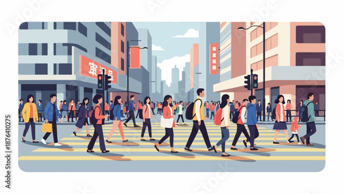 A busy city crosswalk scene with many people walking in flat illustration style