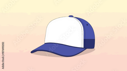 A cartoon baseball cap, white front panel, blue brim and back, on a plain background