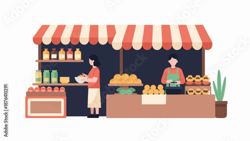 A bustling marketplace stall displays colorful fruits, jars, and treats, with two vendors serving customers