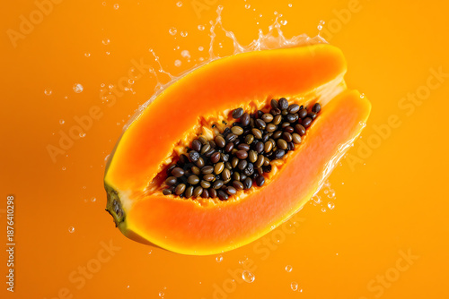 Ripe papaya half with black seeds splashing in water on bright orange background