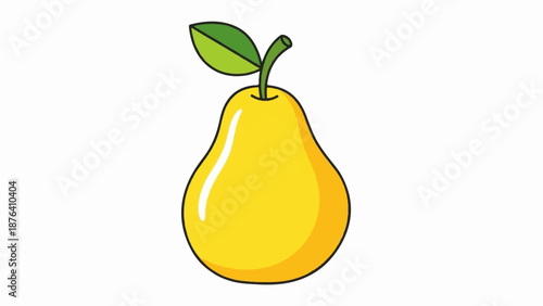 A bright yellow pear with a green leaf and stem on a white background