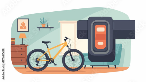 A bright yellow bicycle stands in a cozy room next to a comfortable sofa