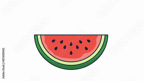A bright, simple illustration of a refreshing watermelon slice with dark seeds and green rind