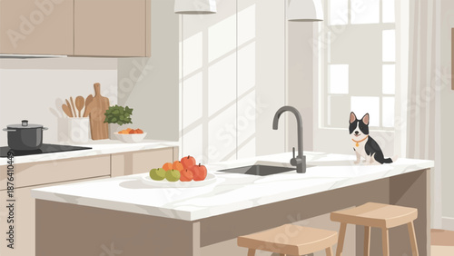 A bright kitchen island with a dog, fruit, and cooking supplies