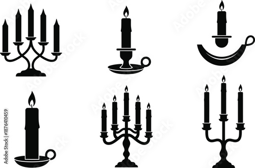 Candle and candlestick silhouette set, black and white illustration, vintage and ornate holders, flame icons, minimal design graphic