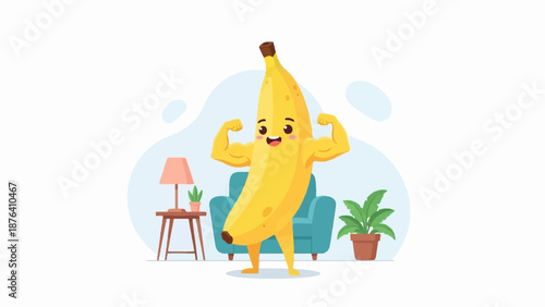 A muscular banana character flexing its biceps in a cozy living room setting