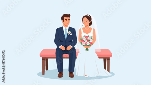 A bride and groom in formal wedding attire sit together on a pink bench