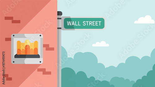 A brick wall with a fireplace contrasts with a street sign on a pole, set against a cloudy sky