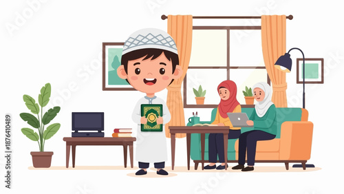 A boy holds a book while two women study and work at home