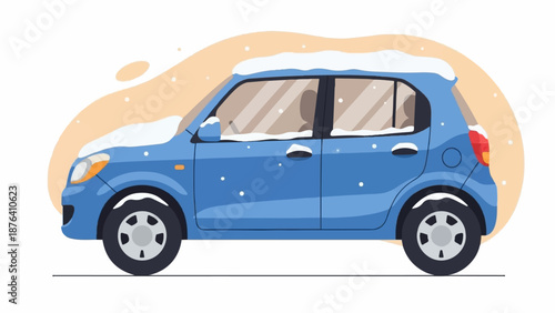 A blue car is parked outdoors with snow falling, partially covered in snow