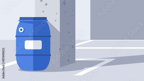 A blue barrel rests against a concrete pillar in an industrial setting with white lines marking the ground