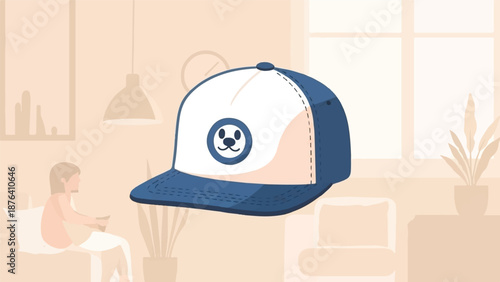 A blue and white cap with a cartoon dog face sits in a room with a person on a couch