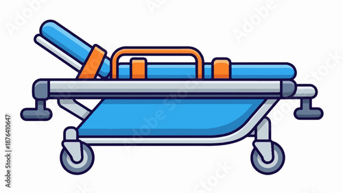 A blue and orange hospital gurney with wheels on a white background, rendered in a flat, cartoon style