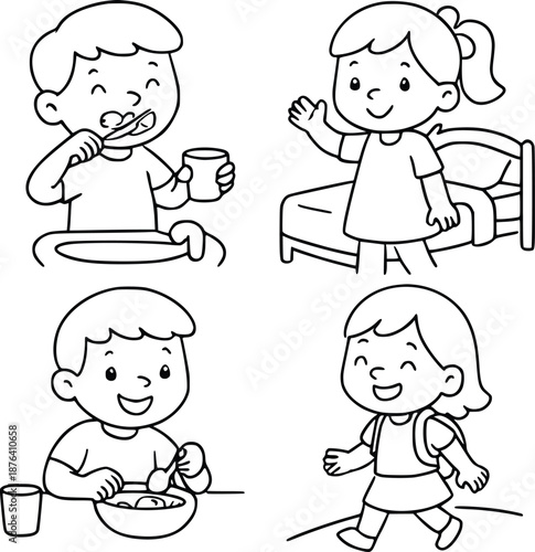 Healthy Daily Routine Coloring Book for Kids – Hand Drawn Vector Illustration