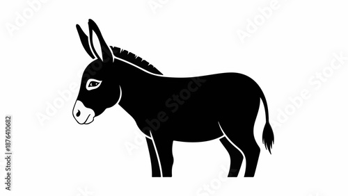 A black silhouette of a donkey stands facing left on a white background