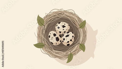 A bird's nest with three speckled eggs and green leaves, against a pale background