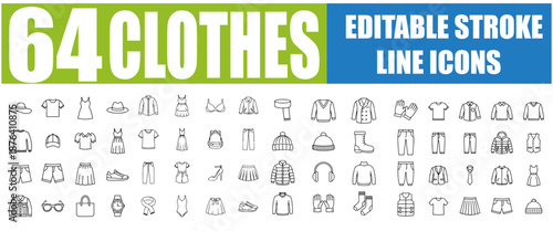 Set of 64 Outline Icons Related to Clothes - T-Shirt, Pants, Dress, Jacket, Hat, Shoes, Fashion, Wardrobe, Clothing, Accessories, Style, Laundry, Shopping and More - Linear Icon Collection, Editable S