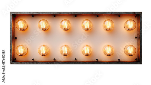 Vintage marquee light box with glowing filament bulbs rectangular frame retro illuminated signage isolated on white background