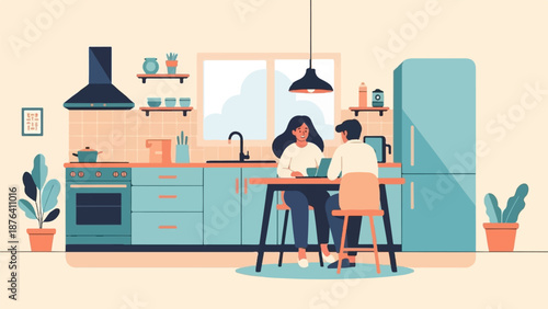 A couple works on laptops in a bright, modern kitchen with teal cabinets and orange accents