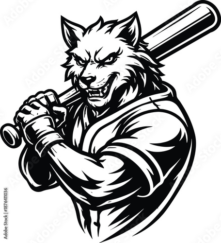 Aggressive Wolf Holding Baseball Bat, Mascot Character, Fierce