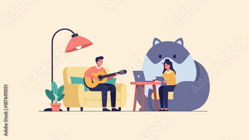 A man plays guitar on a couch while a woman works on a laptop next to a large stuffed animal