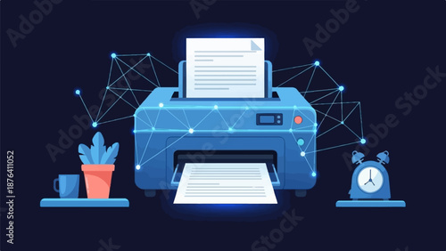 A networked printer outputs documents, flanked by office essentials a plant, a mug, and an alarm clock