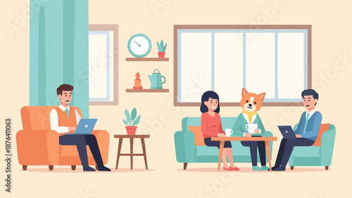 A man on a couch works on a laptop, while three others sit on a sofa, two with drinks and one with a laptop, in a room