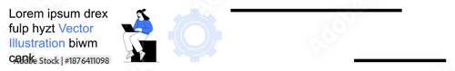 Technology communication, digital work, online learning, productivity, software development, creative projects. A woman with a laptop, gear element placeholder text. Digital work and technology