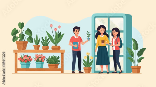 A man shows a small potted plant to two women in a bright, indoor botanical setting with shelves of flowers