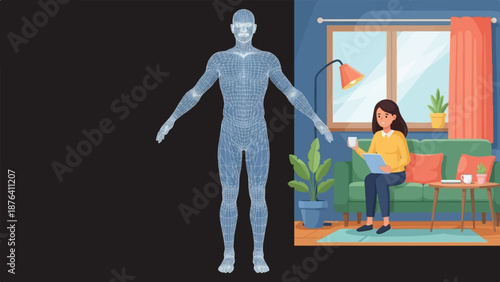 A digital human model stands in front of a cozy living room scene with a woman