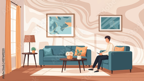 A man sits in a living room, holding a remote, with art on the walls