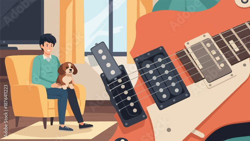 A man sits on a chair holding a dog, with a guitar in the foreground