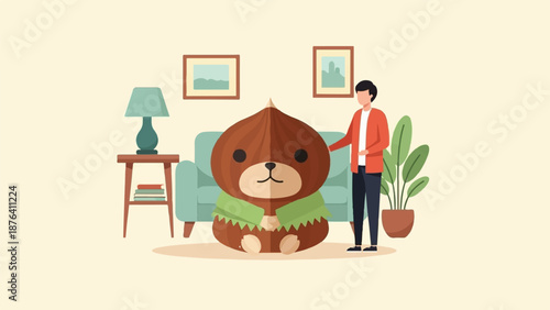 A man stands beside a large chestnut-shaped character in a living room with a sofa