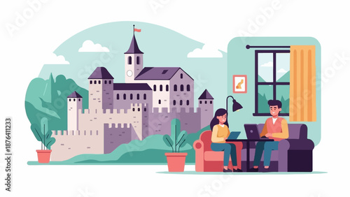 A digital illustration of a couple working on laptops in a living room with a castle backdrop