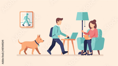 A man with a backpack uses a laptop, a woman reads in a chair, and a dog walks by