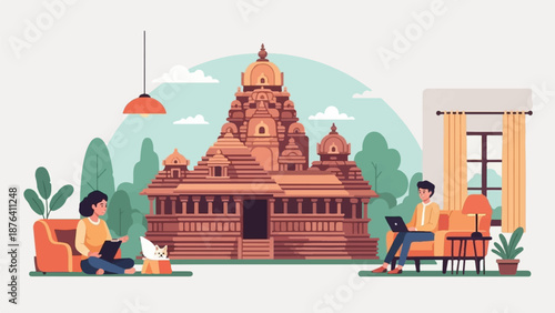 A digitally illustrated scene shows people working remotely with ancient temple backdrop