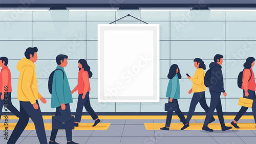 A diverse group of people walk past a blank poster in a modern subway station